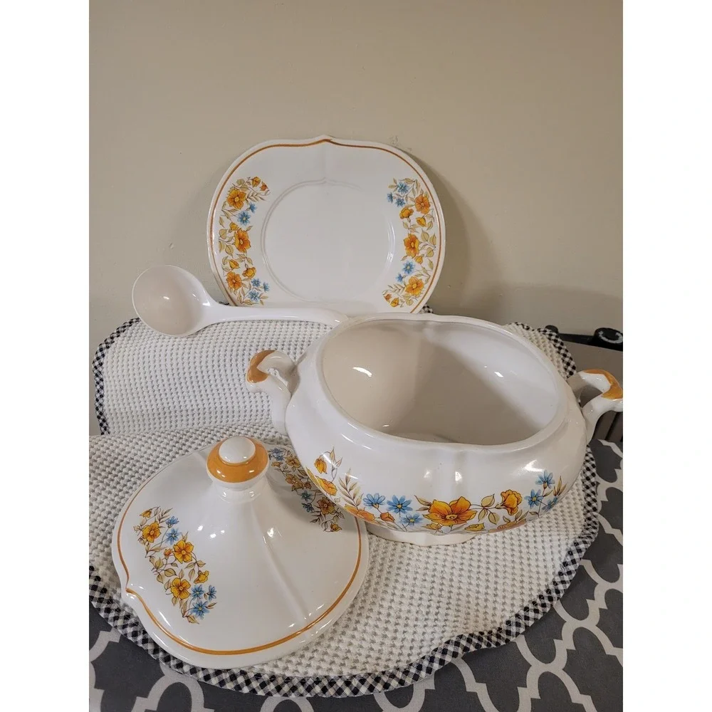 Soup Tureen Ladle Plate Lid Vintage Floral Design 70s Collectable 4‎ Piece Japan